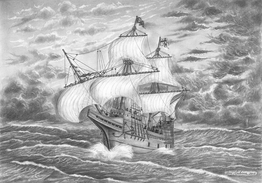 Mayflower Ship Drawing by Pierre Salsiccia.