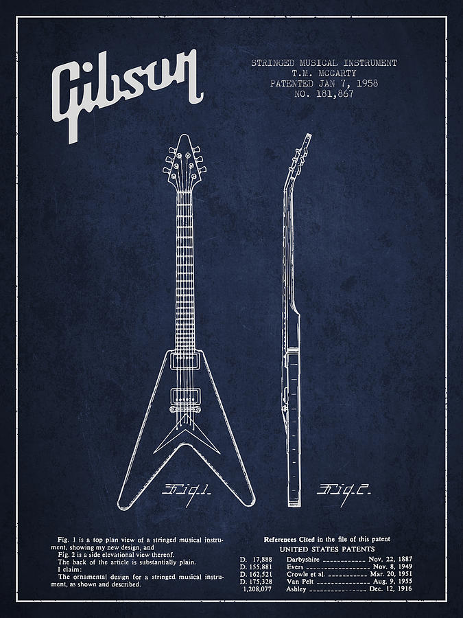 Bass Digital Art - Mccarty Gibson Electric guitar patent Drawing from 1958 - Navy Blue by Aged Pixel