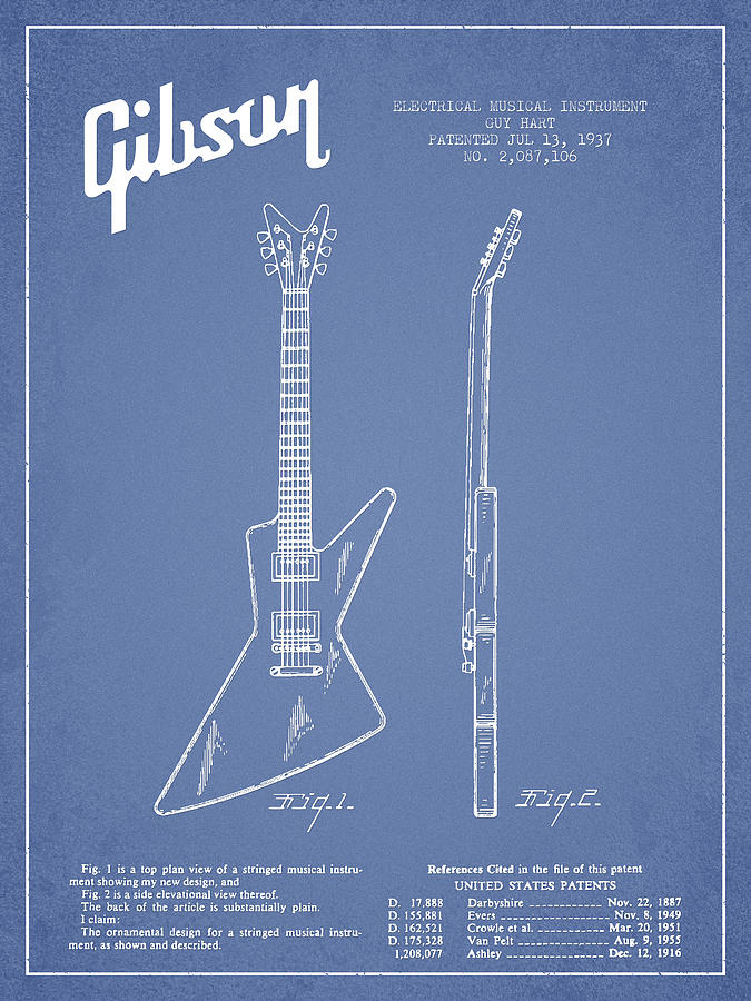 Bass Digital Art - McCarty Gibson electrical guitar patent Drawing from 1958 - Light Blue by Aged Pixel