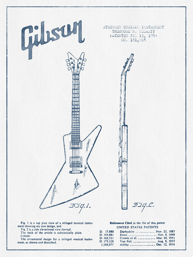 Mccarty Gibson Electrical Guitar Patent Drawing From 1958 - Blue Digital Art