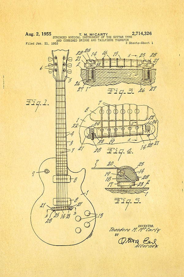 Music Photograph - McCarty Gibson Les Paul Guitar Patent Art 1955 by Ian Monk