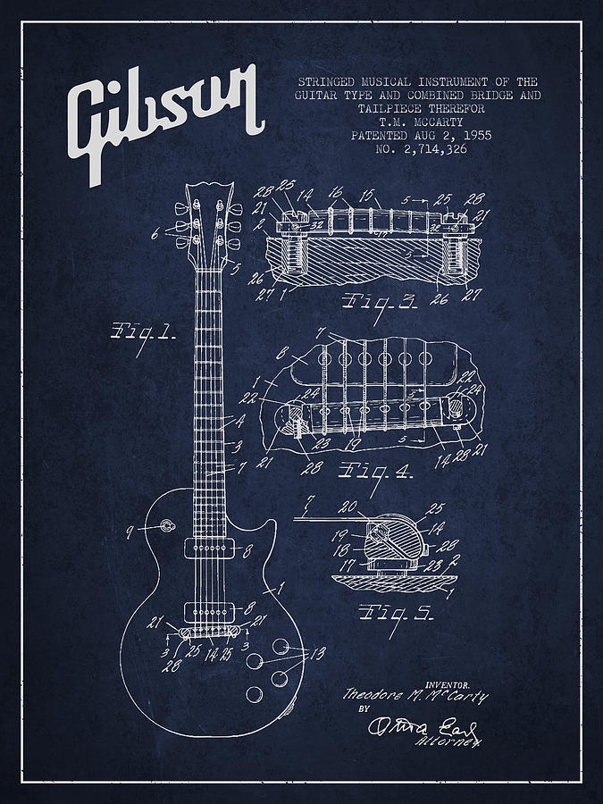 Bass Digital Art - Mccarty Gibson Les Paul guitar patent Drawing from 1955 - Navy Blue by Aged Pixel