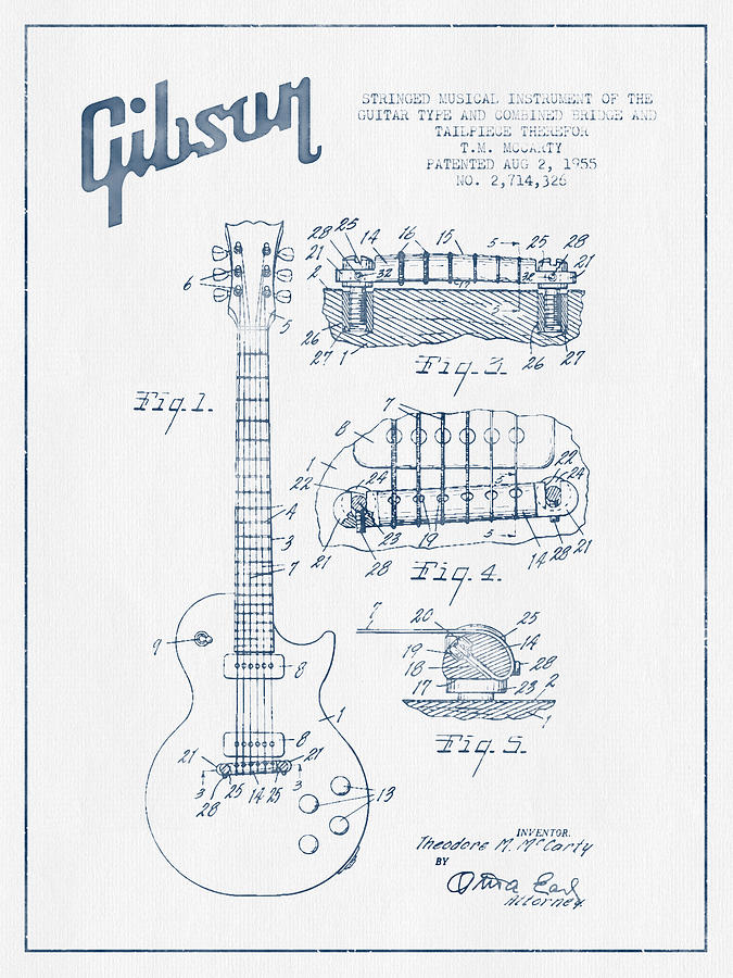 Bass Digital Art - Mccarty Gibson Les Paul guitar patent Drawing from 1955 - Blue I by Aged Pixel