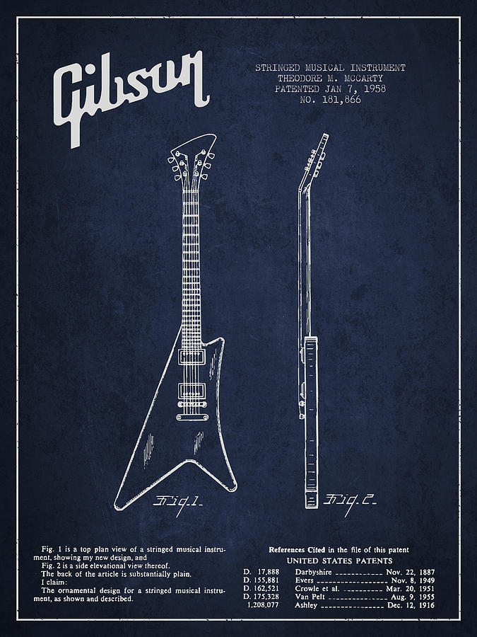 Bass Digital Art - McCarty Gibson stringed instrument patent Drawing from 1958 - Navy Blue by Aged Pixel