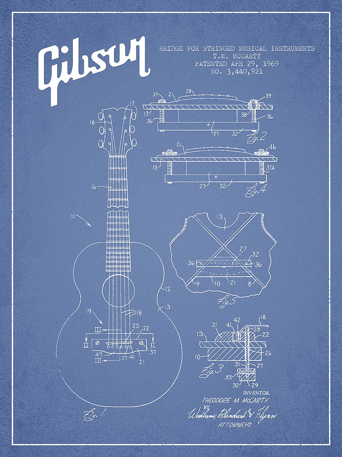 Bass Digital Art - Mccarty Gibson stringed instrument patent Drawing from 1969 - Light Blue by Aged Pixel