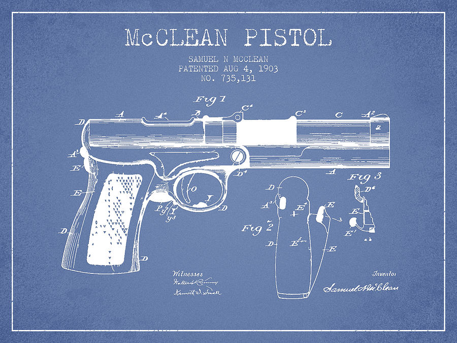 Vintage Digital Art - McClean Pistol Drawing from 1903 - Light Blue by Aged Pixel