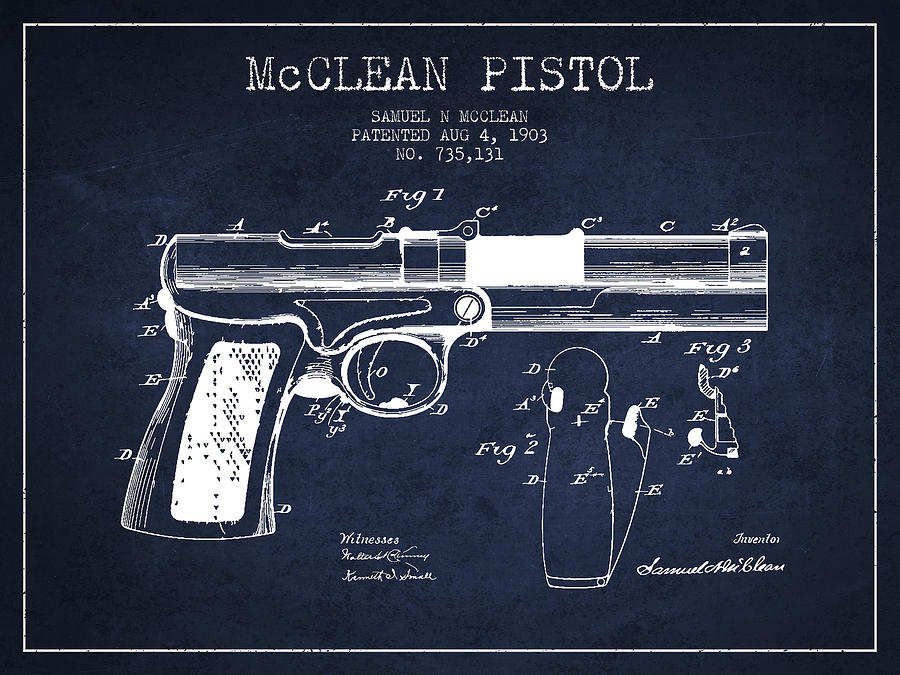 Vintage Digital Art - McClean Pistol Drawing from 1903 - Navy Blue by Aged Pixel