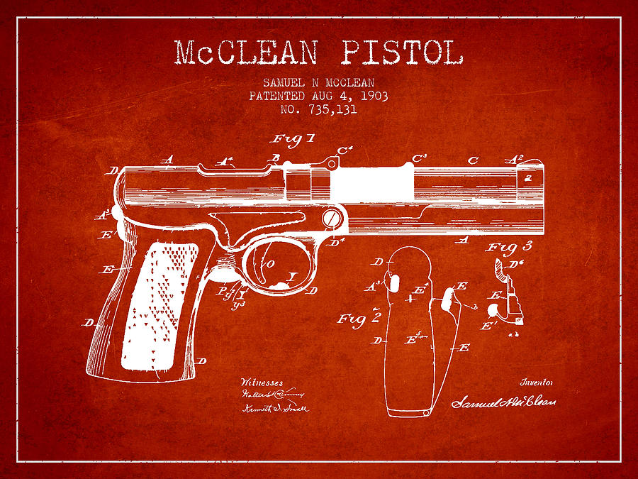 Vintage Digital Art - McClean Pistol Drawing from 1903 - Red by Aged Pixel