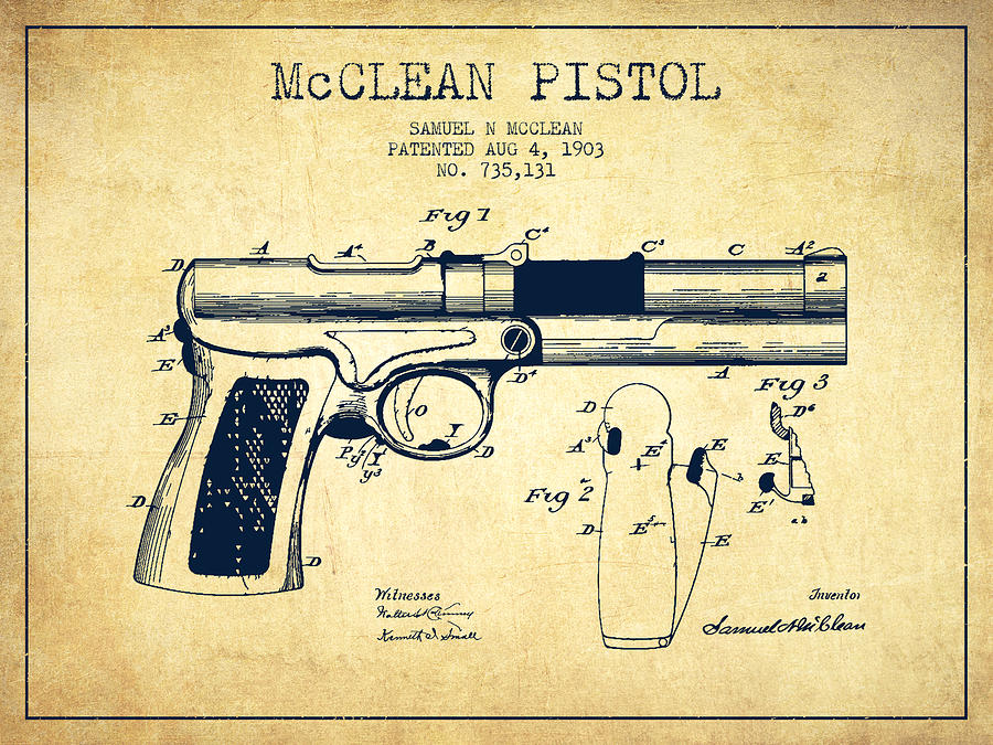 Vintage Digital Art - McClean Pistol Drawing from 1903 - Vintage by Aged Pixel