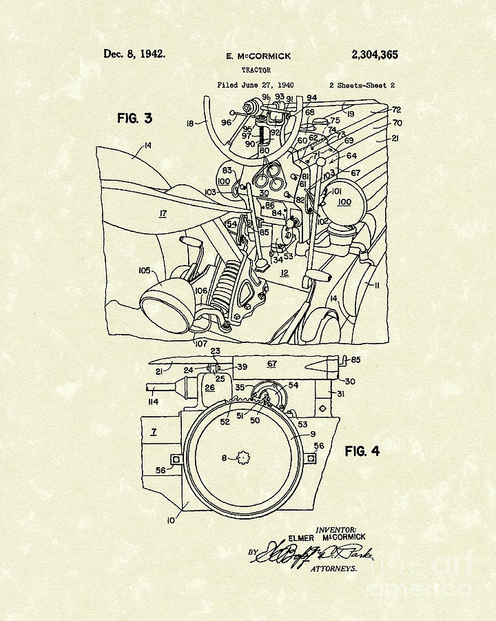 McCormick Tractor 1942 Patent Art Drawing by Prior Art Design