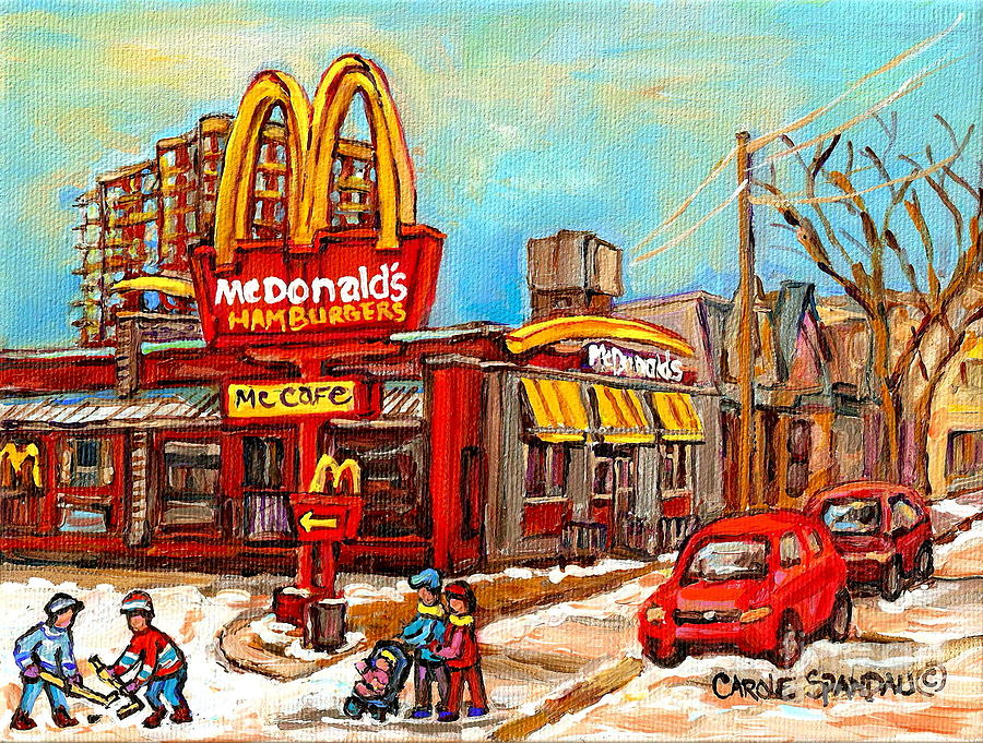 Mcdonalds Restaurant Golden Arches Verdun Fast Food Restaurant Montreal Paintings Hockey Cspandau  Painting by Carole Spandau