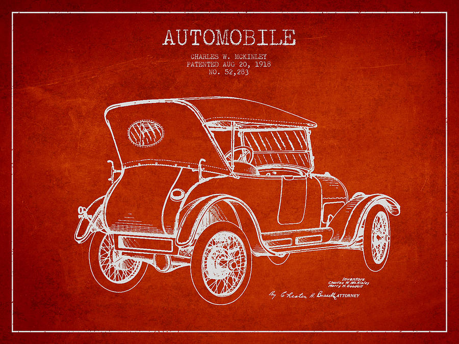 Vintage Digital Art - McKinley Automobile Patent Drawing from 1918 - Red by Aged Pixel