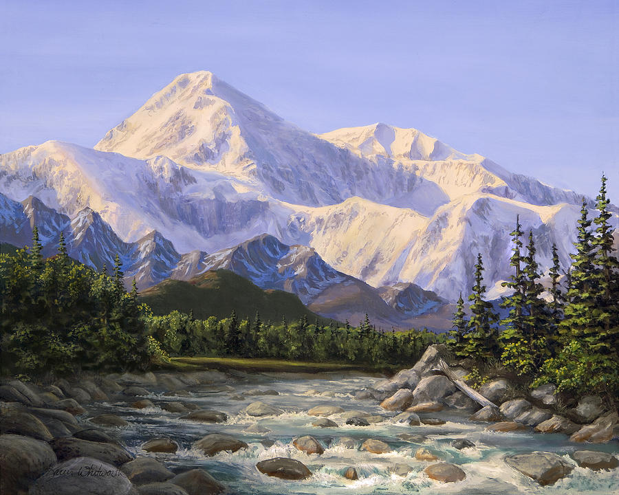 Majestic Denali Mountain Landscape - Alaska Painting - Mountains and River - Wilderness Decor Painting by K Whitworth