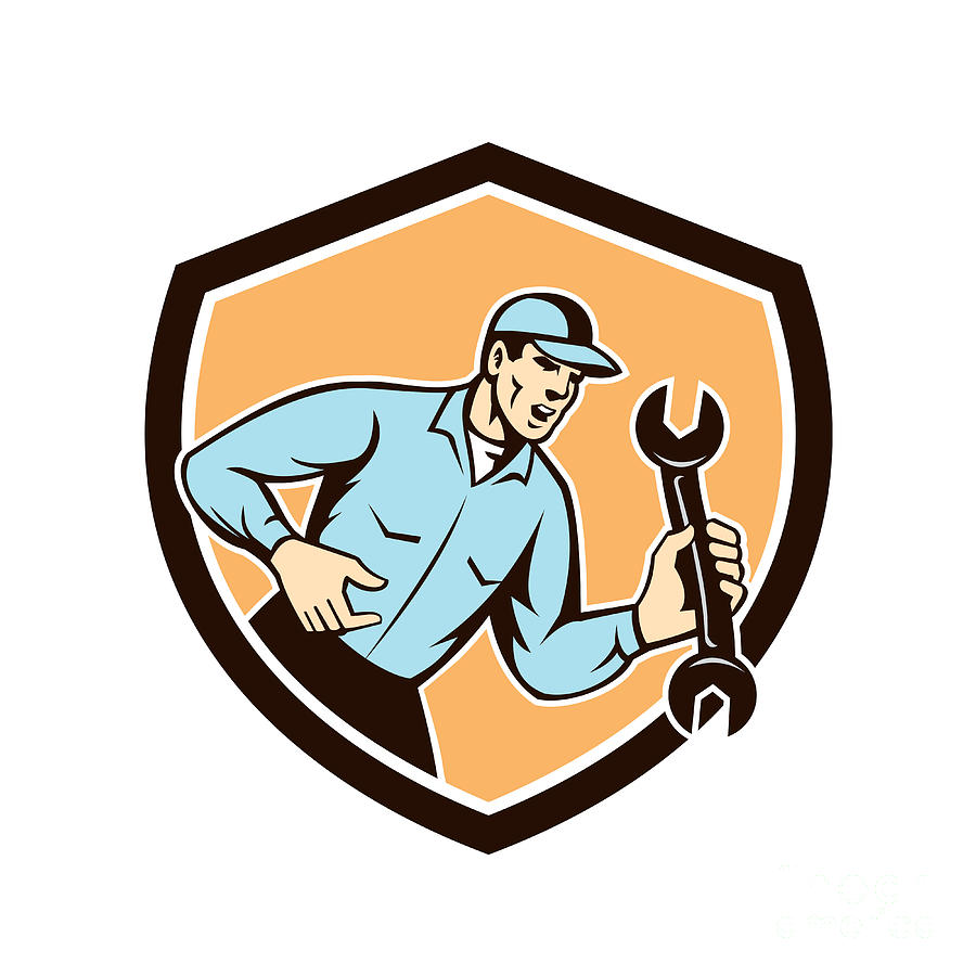 Hat Digital Art - Mechanic Shouting Holding Spanner Wrench Shield Retro by Aloysius Patrimonio