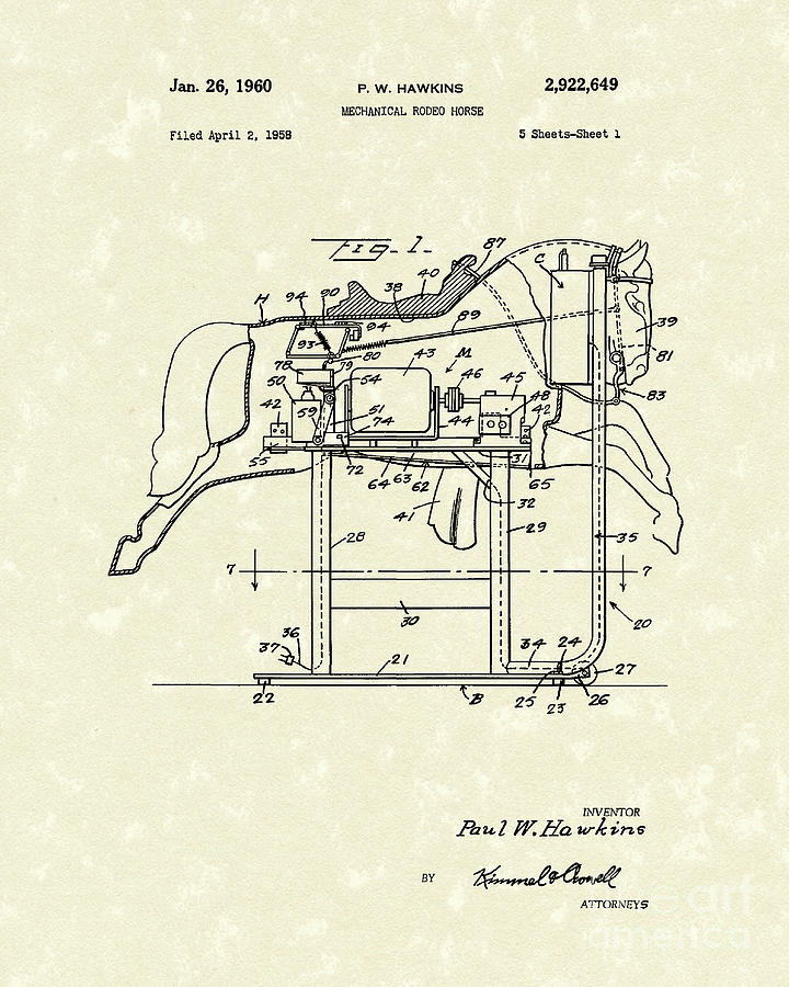 Mechanical Horse 1960 Patent Art Drawing by Prior Art Design