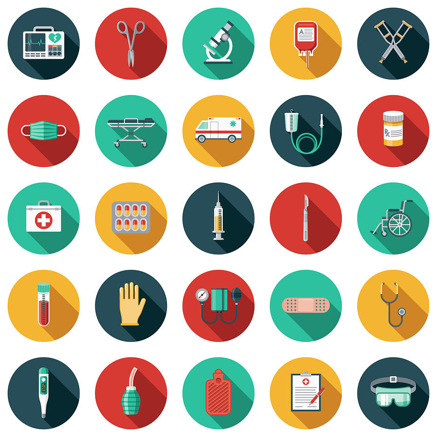 Medical Supplies Flat Design Icon Set with Side Shadow Drawing by Bortonia