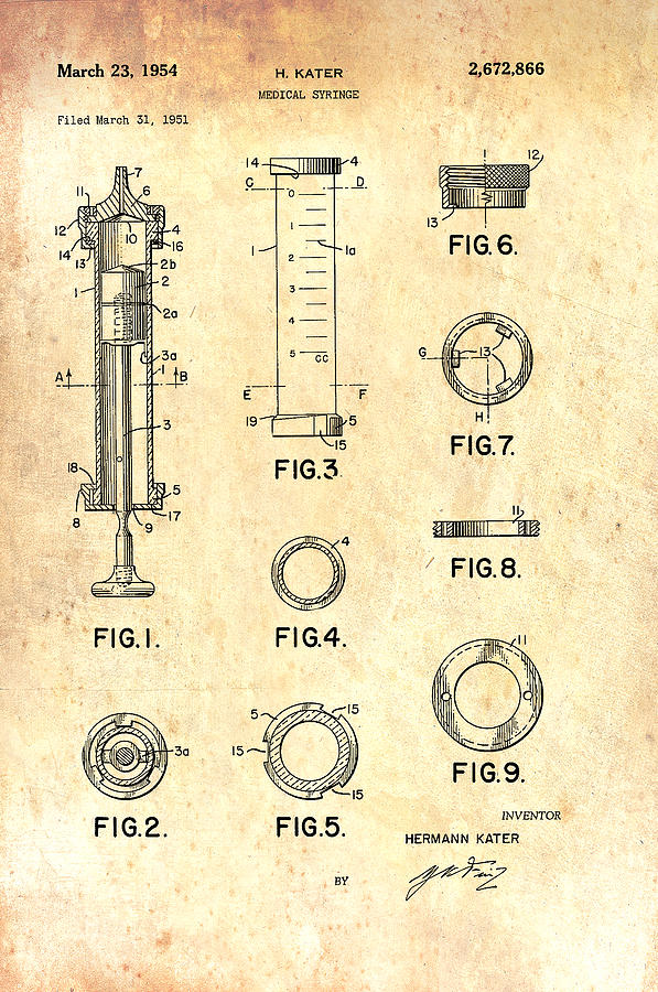 Vintage Drawing - Medical Syringe Patent 1954 by Mountain Dreams