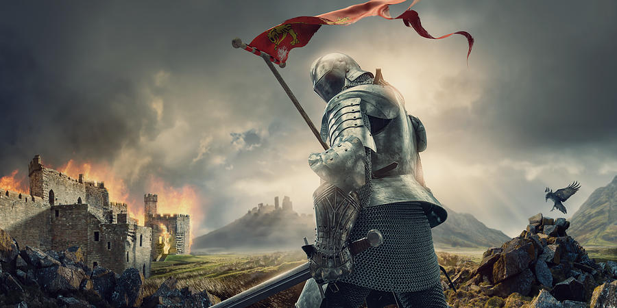 Medieval Knight With Banner and Sword Standing Near Burning Castle Photograph by Pali Rao