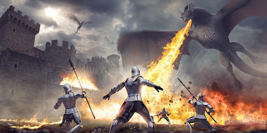 Medieval Knights Being Attacked By Fire Breathing Dragon Near Castle Photograph by Peepo