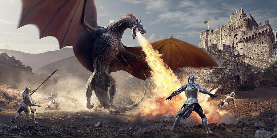 Medieval Knights Fighting Huge Fire Breathing Dragon Near Castle Photograph by Peepo