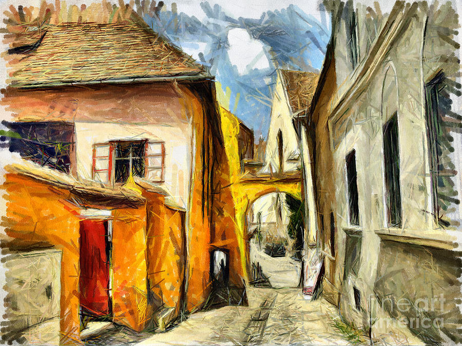 Medieval street in Sighisoara Transylvania Romania - painting Mixed Media by Daliana Pacuraru