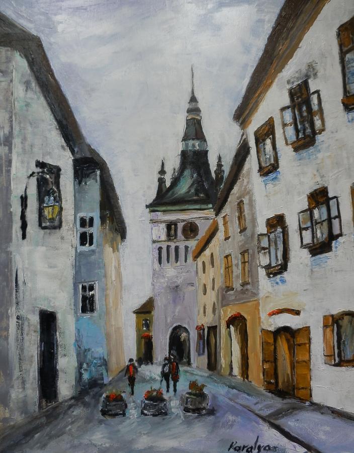 City Painting - Medieval town by Maria Karalyos