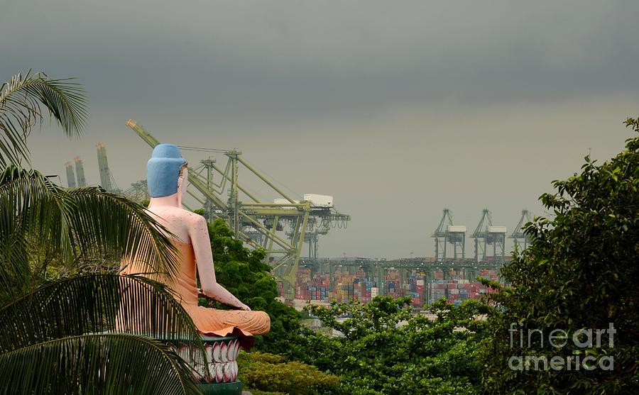 Meditating Buddha views container seaport Singapore Photograph by Imran Ahmed
