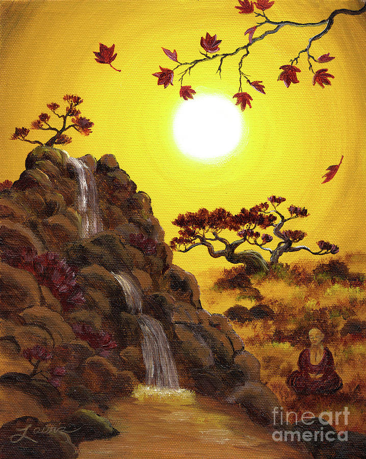 Meditating by a Golden Waterfall Painting by Laura Iverson