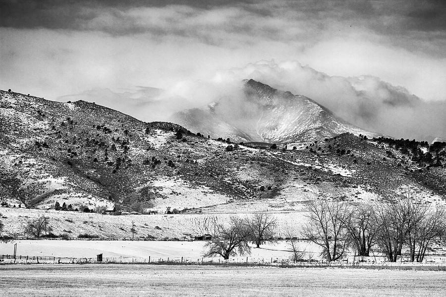 Meeker and Longs Peak in Winter Clouds BW  Photograph by James BO Insogna