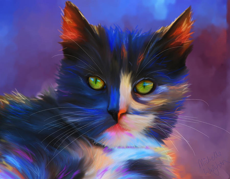 Meesha Colorful Cat Portrait Painting by Michelle Wrighton