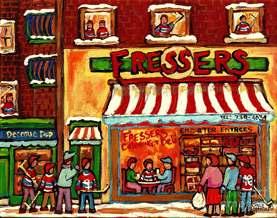 Meet Up At Fressers After The Hockey Game Montreal Winter City Scenes Painting Carole Spandau Painting by Carole Spandau