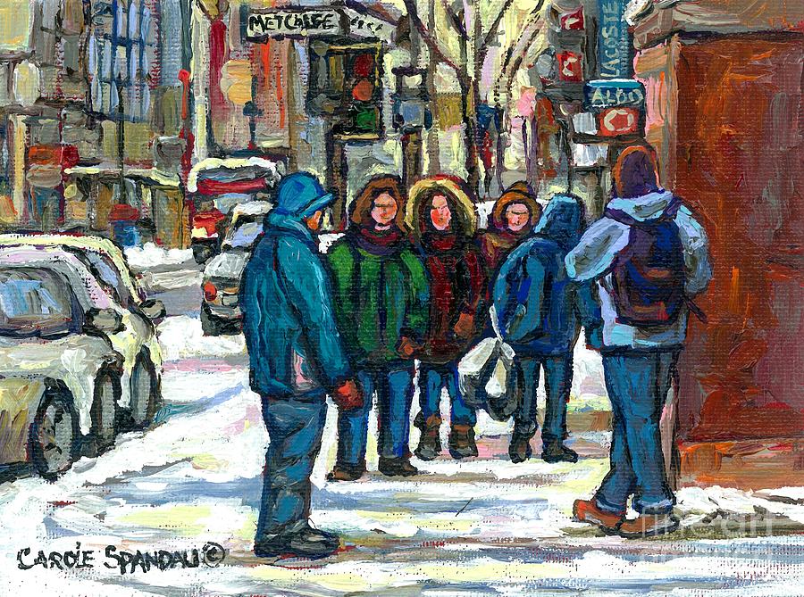 Meeting On Metcalfe Downtown Aldo Shoes Canadian Urban Winter Scene Painting Best Montreal Art Painting by Carole Spandau - Pixels