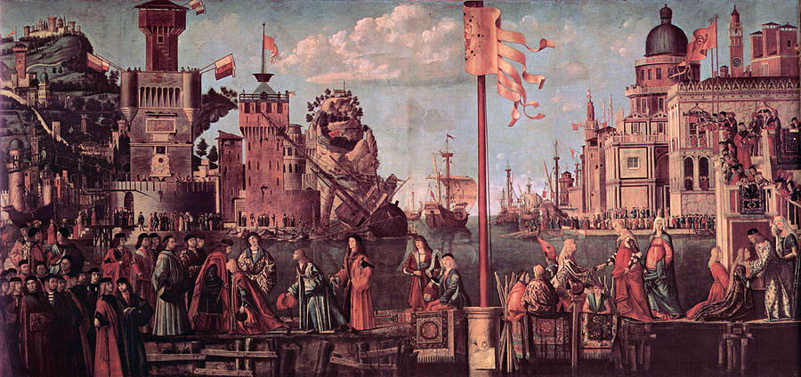 Carpaccio Painting - Meeting of the Betrothed Couple and the Departure of the   Pilgrims by Vittore Carpaccio