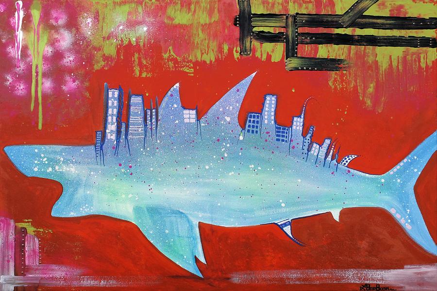 Sharks Painting - Megalodon Metropolis  by Laura Barbosa