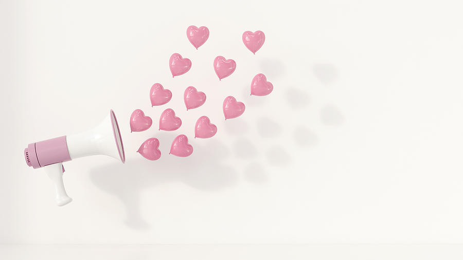 Megaphone with pink heart-shaped balloons as sound waves, 3d rendering Drawing by Westend61
