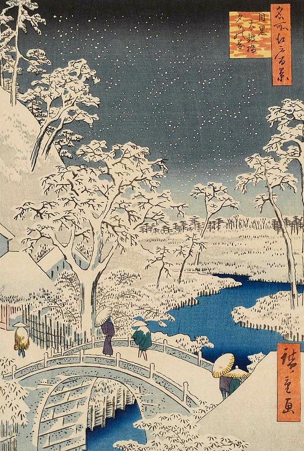 Hiroshige Painting - Meguro Drum Bridge and Sunset Hill by Utagawa Hiroshige