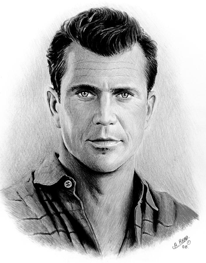 Mel Gibson bw Drawing by Andrew Read