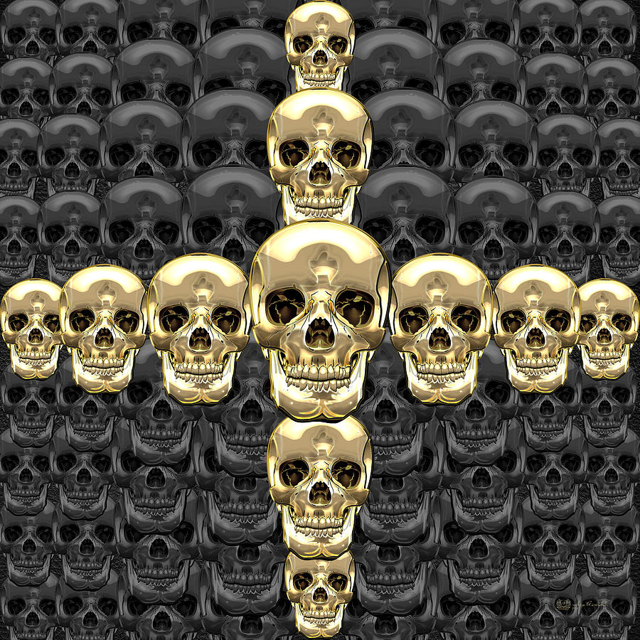 Ars Moriendi Digital Art - Memento Mori - Cross of Gold Human Skulls on Black by Serge Averbukh