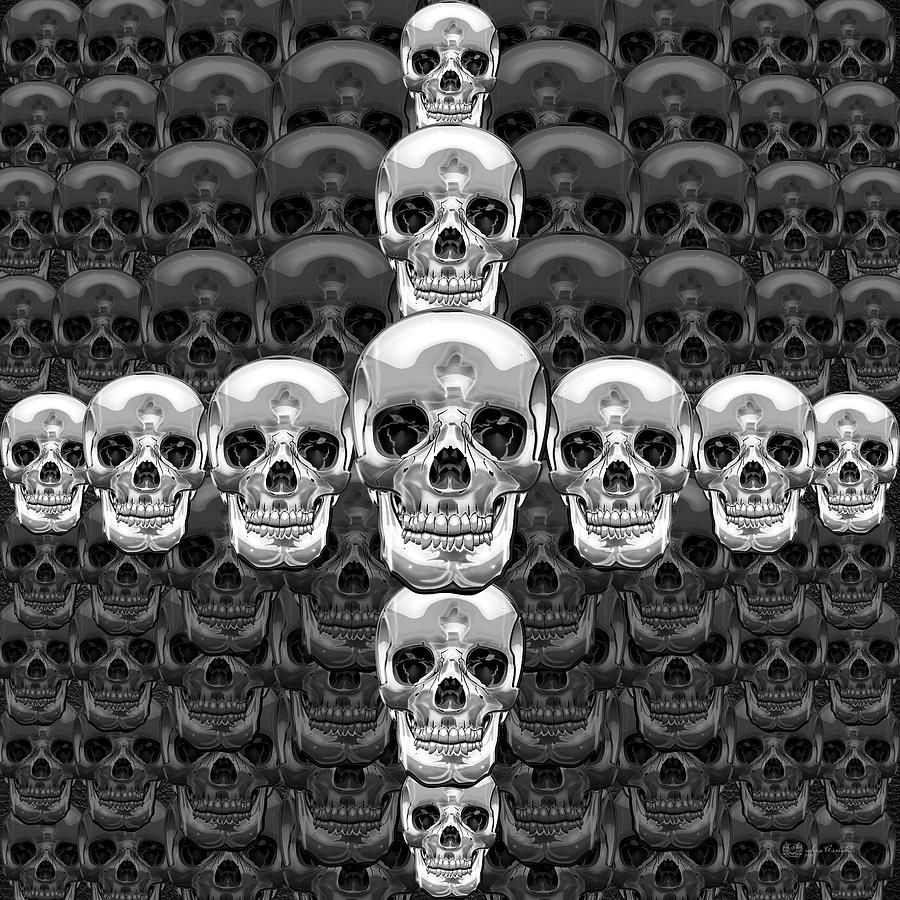 Memento Mori - Cross of Silver Human Skull on Black  Digital Art by Serge Averbukh