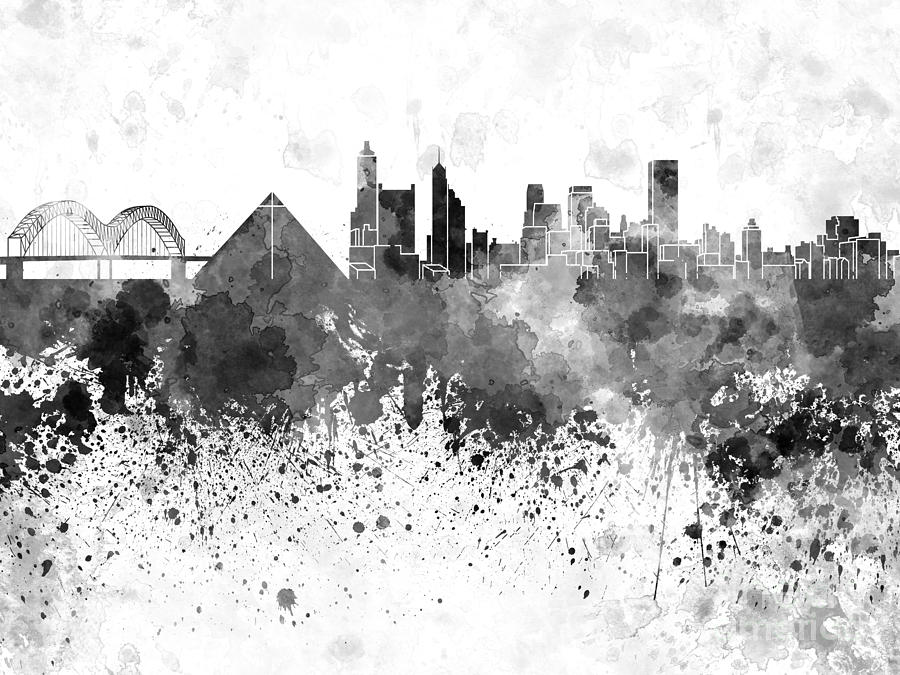 Memphis skyline in black watercolor on white background Painting by
