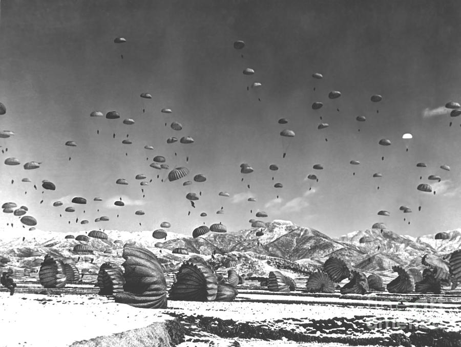 Black And White Photograph - Men And Equipment Being Parachuted by Stocktrek Images