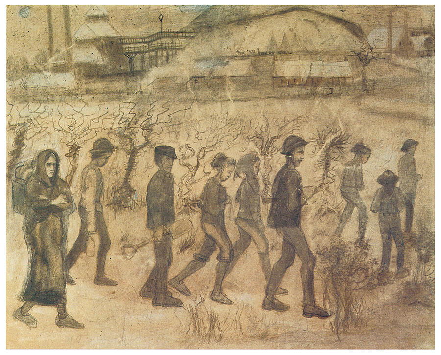 Vincent Van Gogh Drawing - Men and Women Miners going to Work by Vincent van Gogh