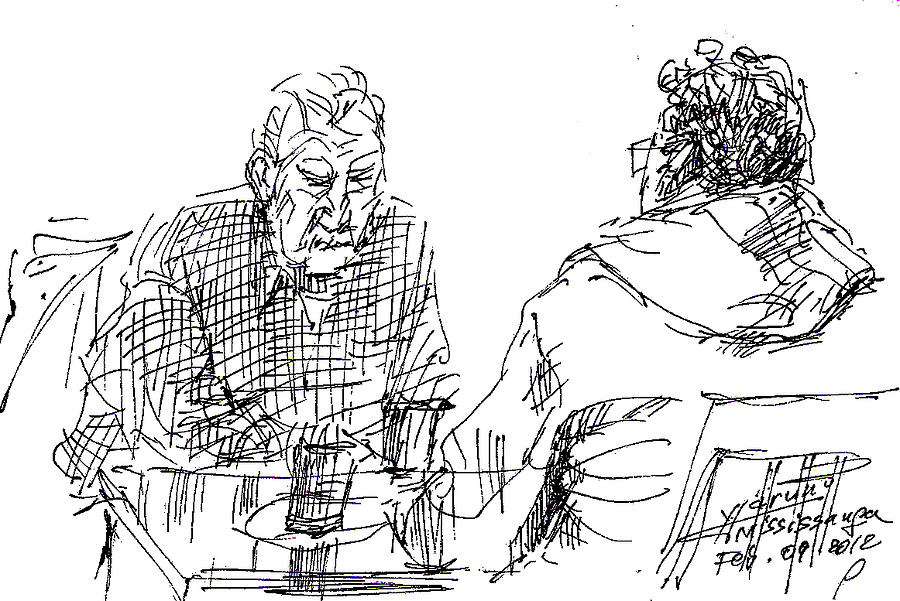 Sketch Drawing - Men At The Cafe by Ylli Haruni