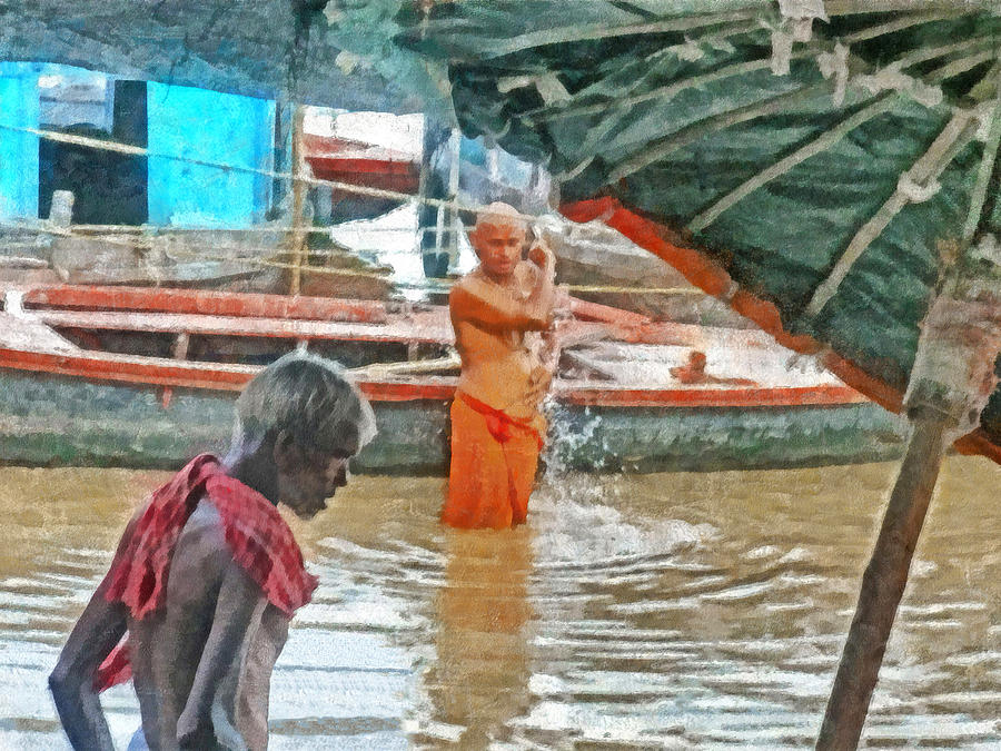 Men Bathing in the Ganges River Digital Art by Digital Photographic Arts