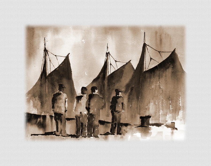 Men Lokking at Hookers Galway Painting by Val Byrne