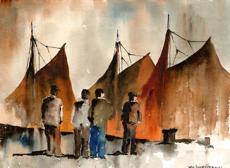 Men looking at Hookers  Galway Painting by Val Byrne