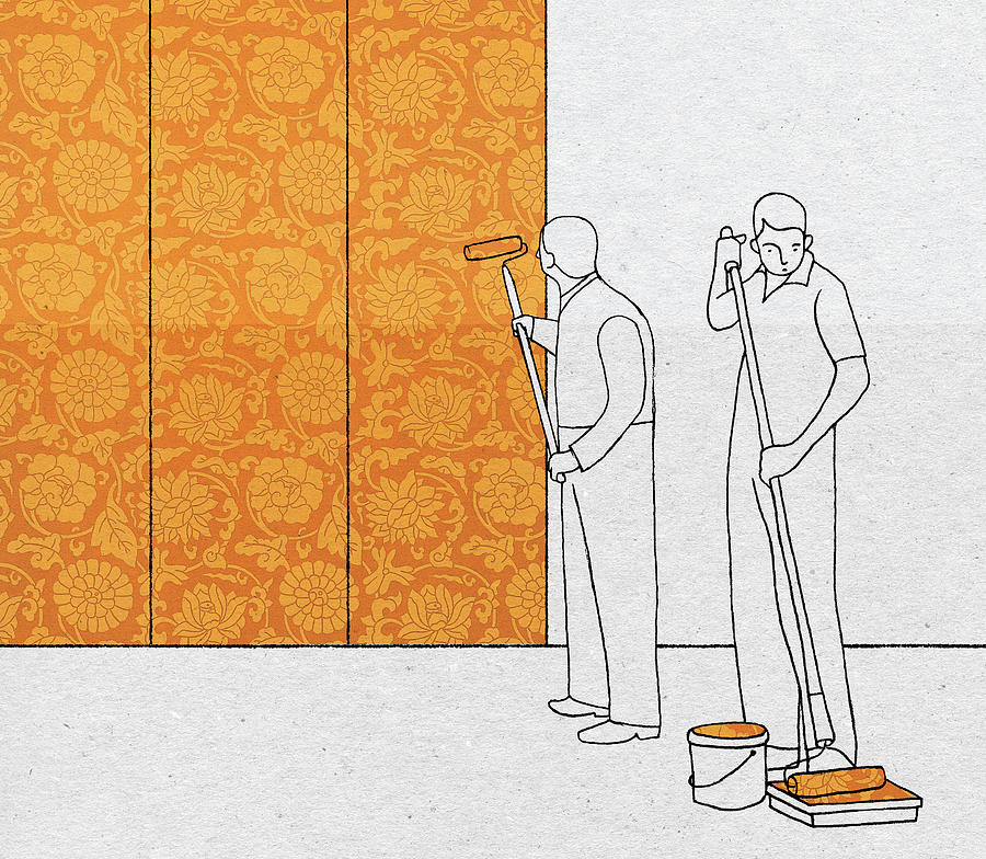 Men Painting Wall With Floral Wallpaper Painting by Ikon Ikon Images
