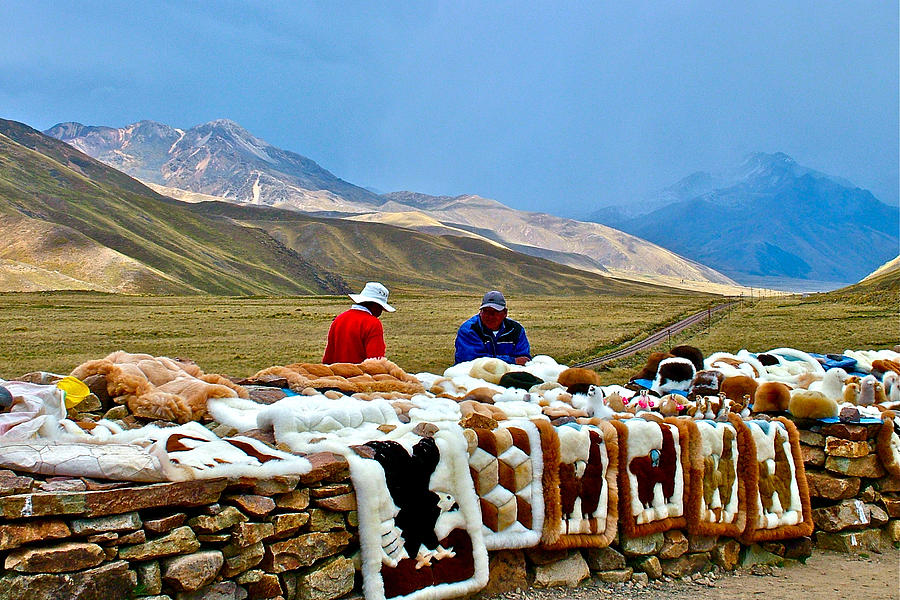 Men Selling Alpaca And Llama Rugs At Highest Point On Road From Cusco