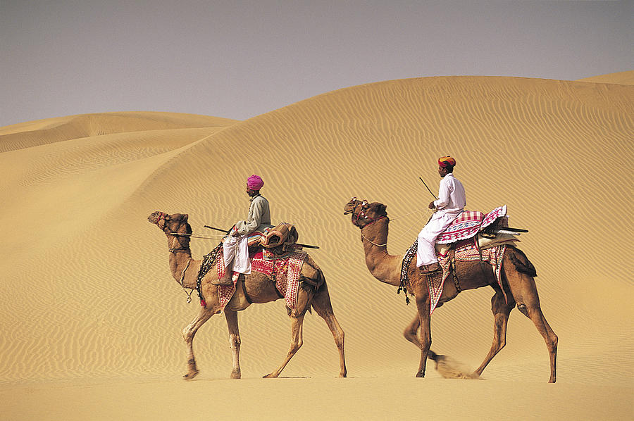 Men travelling on camel, Jaiselmer, India Photograph by Michael Busselle
