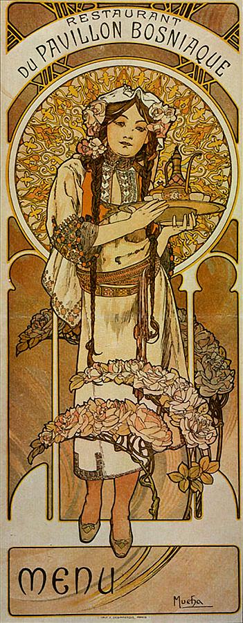 Menu for the Restaurant du Pavillon Bosniaque Painting by Alphonse Mucha